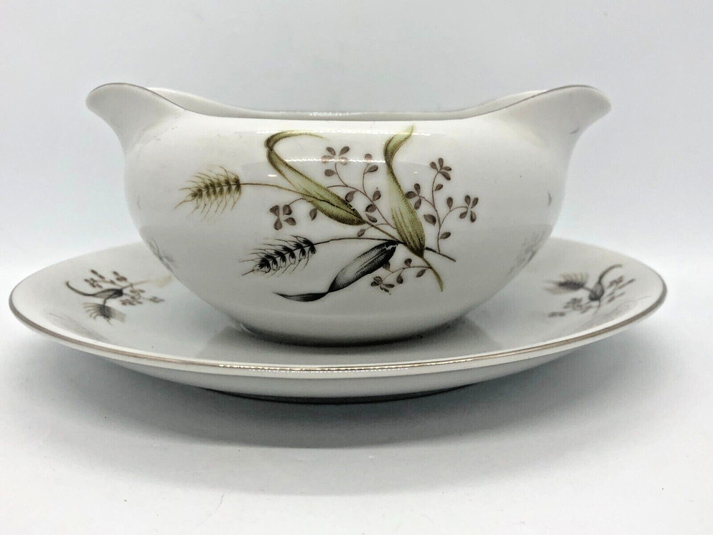 Wheat Vines Silver Rim Double Spout Gravy Bowl Attached Plate Kabuki China Japan
